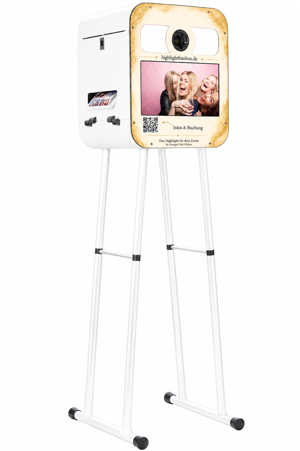 Weiße Highlight Fotobox auf Stativ mit goldener Front, Kamera, Touchdisplay und seitlichem Druckauswurf